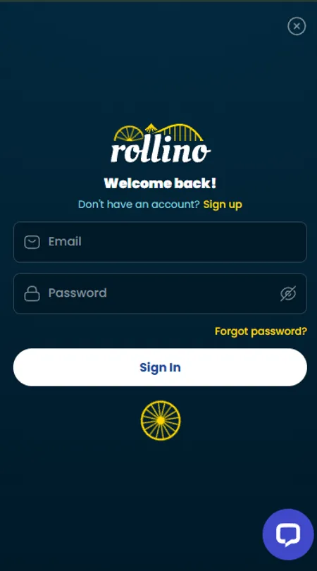 Rollino Casino login screen with email and password fields