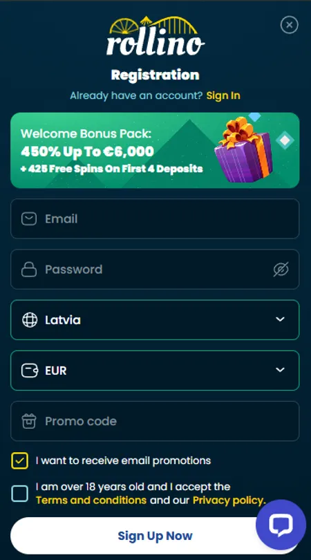 Rollino Casino registration form with country and currency selection
